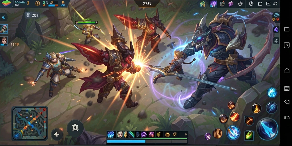 Screenshot gameplay intens di 2757 yang menampilkan aksi MOBA.