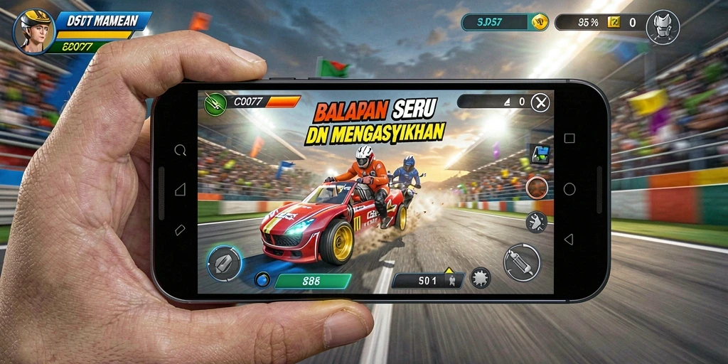Tampilan gameplay C0077 yang mendebarkan dalam balapan.
