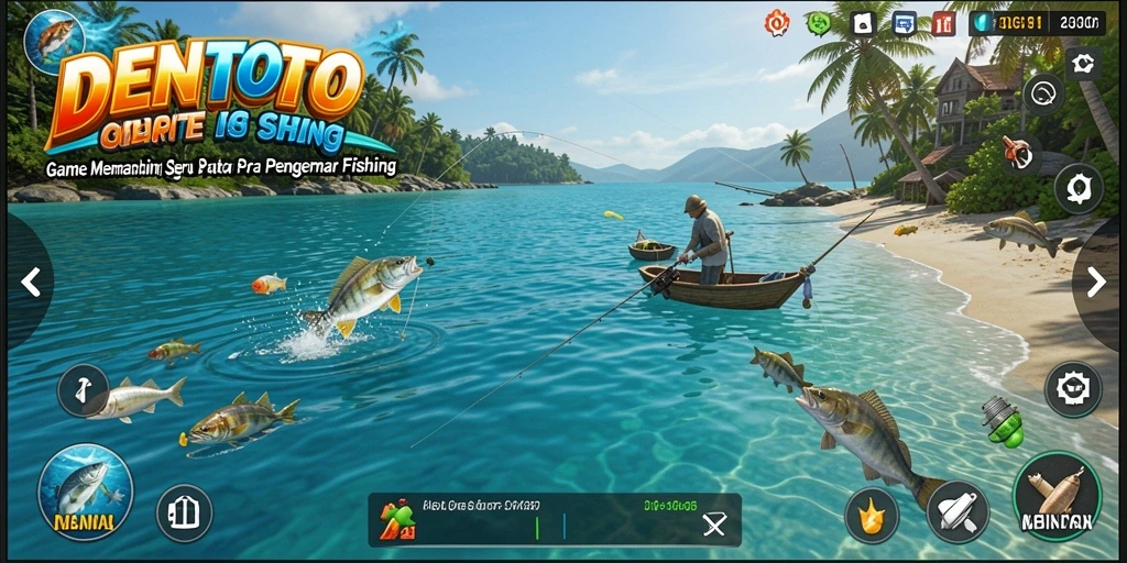 Screenshot gameplay DENTOTO menampilkan aksi memancing yang seru dan mendebarkan.