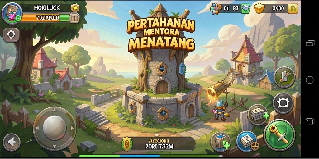 Gameplay HOKILUCK dengan menara pertahanan yang strategis.