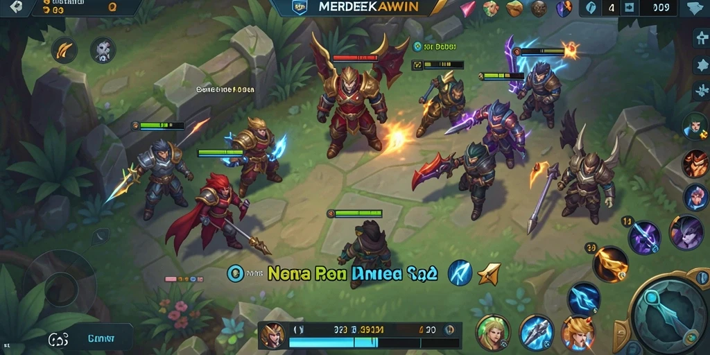 Tangkapan layar gameplay MERDEKAWIN dengan aksi seru di arena MOBA.