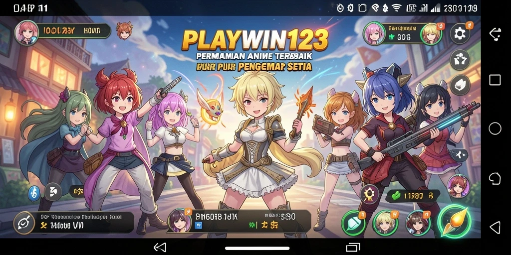 Tangkapan layar utama <strong>PLAYWIN123</strong> menampilkan karakter Anime yang sedang bertarung.