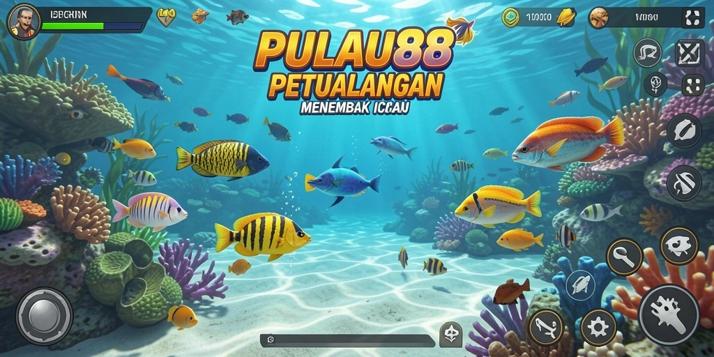 Screenshot utama PULAU88 menampilkan aksi menembak ikan yang seru.