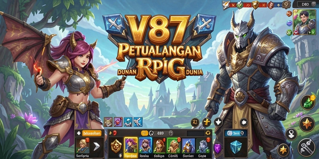 Tampilan gameplay V87 yang menampilkan pertarungan seru dalam dunia fantasi.
